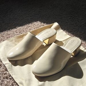 Tory Burch Cream Mules with Gold Details
